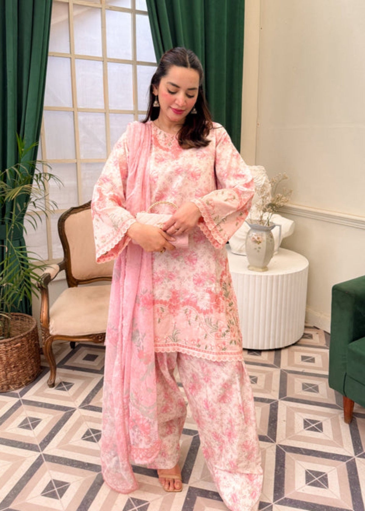 Pakistani Pink Cotton Straight Trouser Suit Online in Sri Lanka India Australia