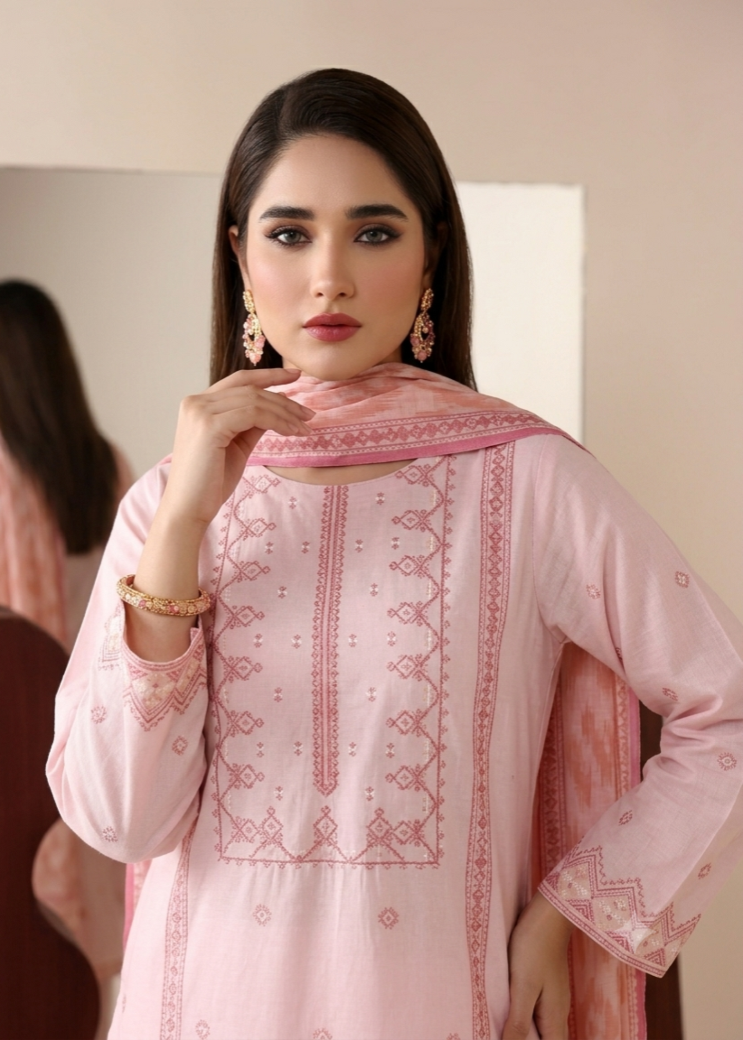 Pakistani Pink Lawn Embroidered Festive Suit Online in KSA Riyadh Saudi Arabia Oman Bahrain Qatar
