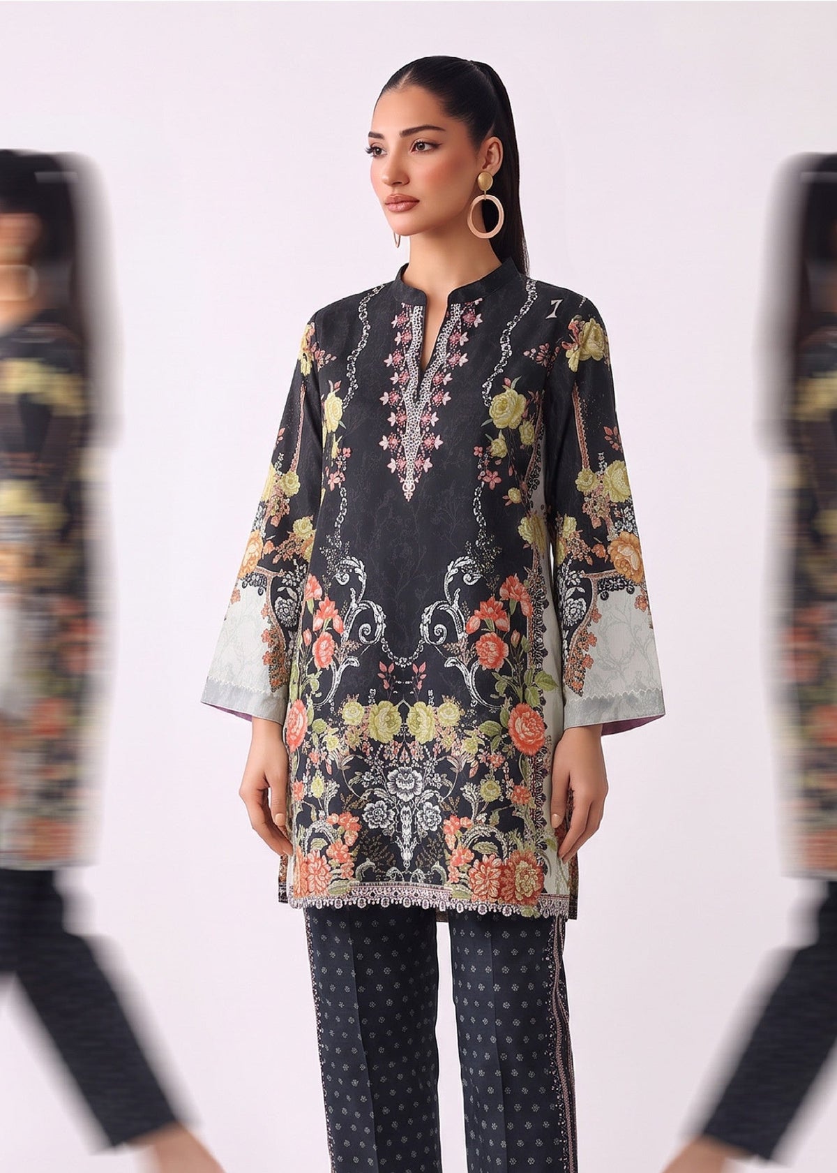 Pakistani Printed Black Slub Lawn Kurta Set Online in KSA Riyadh Saudi Arabia Oman Bahrain Qatar