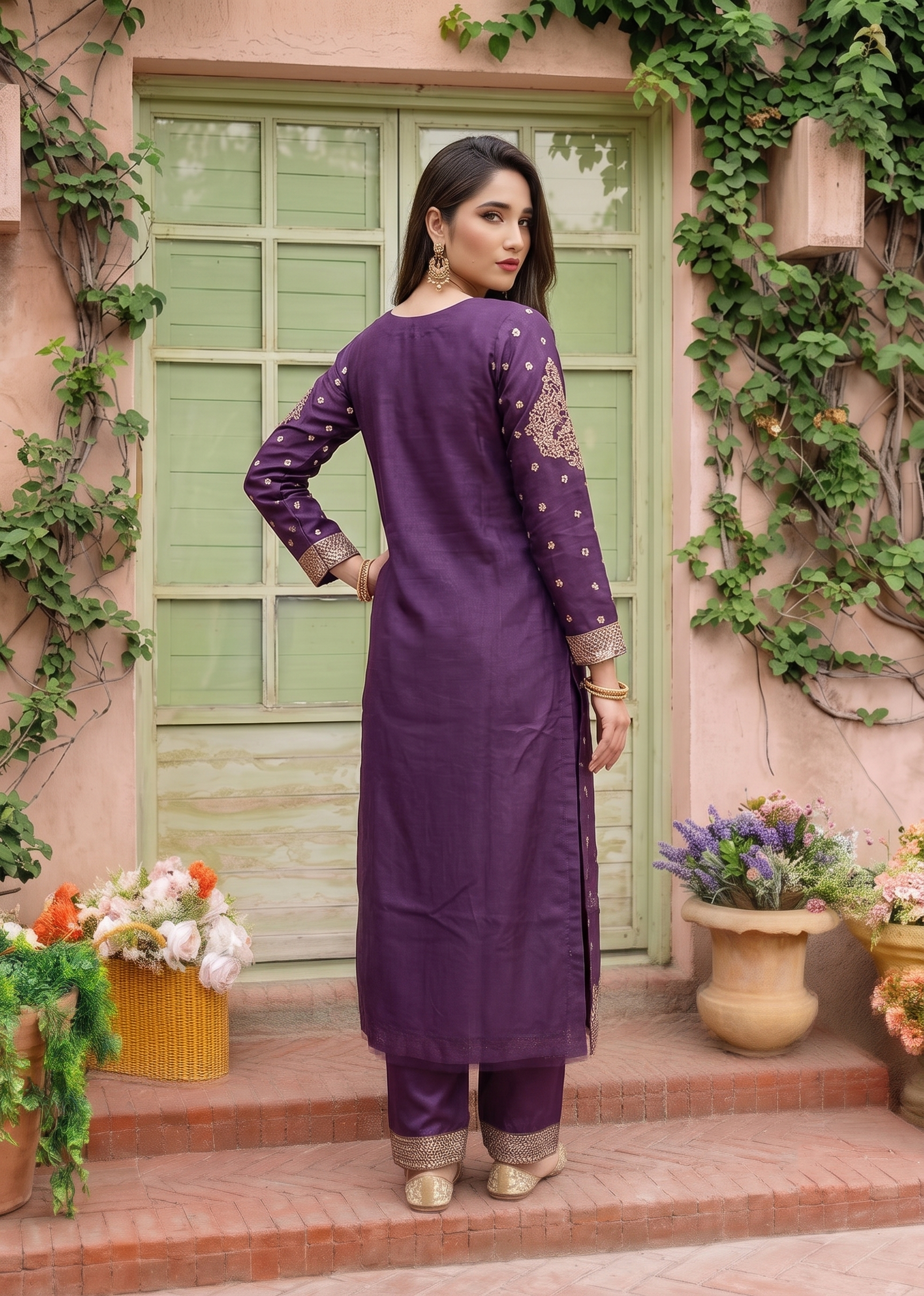 Pakistani Purple Embroidered Chiffon Suit Online in KSA Riyadh Saudi Arabia Oman Bahrain Qatar