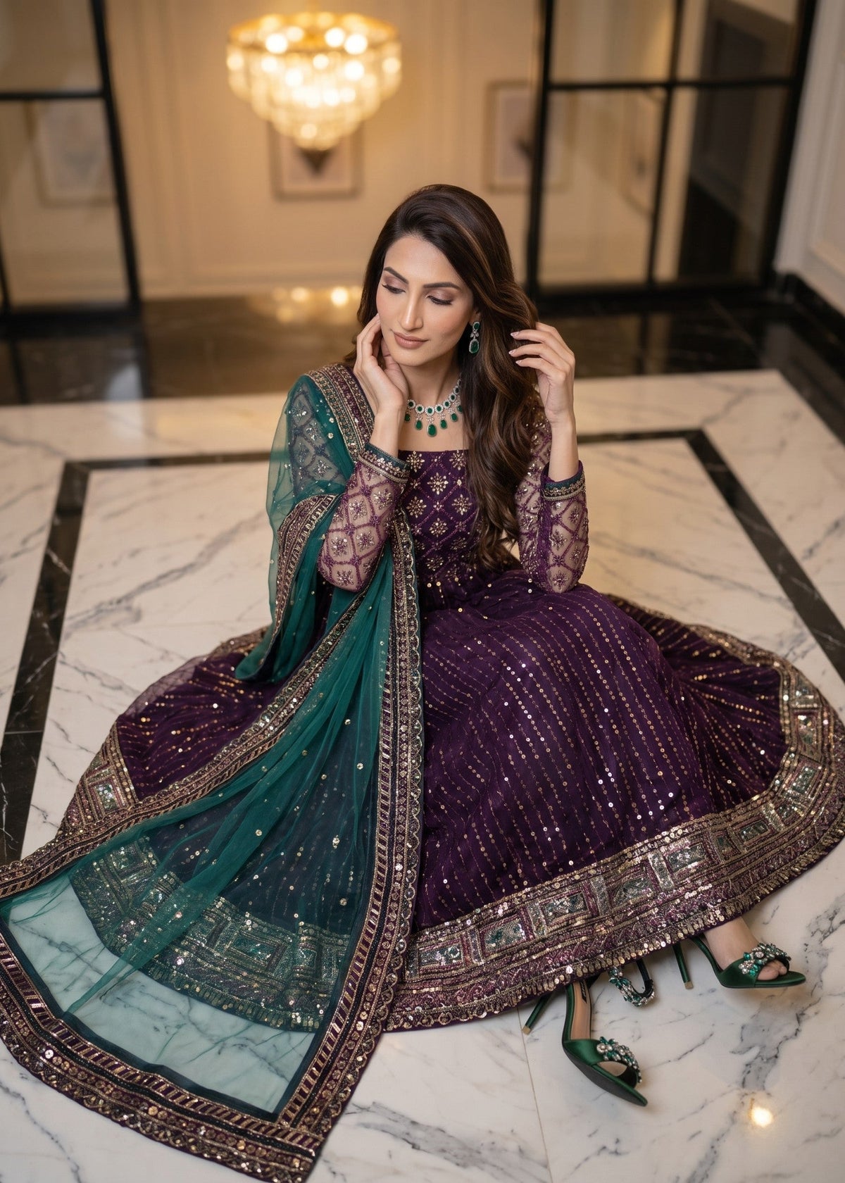 Pakistani Purple Net Pishwas with Embroidery Online in KSA Riyadh Saudi Arabia Oman Bahrain Qatar