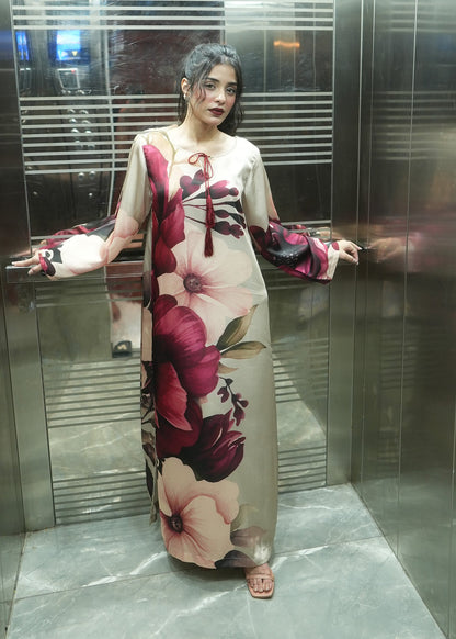Multi Satin Silk Printed Kaftan Online in KSA Riyadh Saudi Arabia Oman Bahrain Qatar