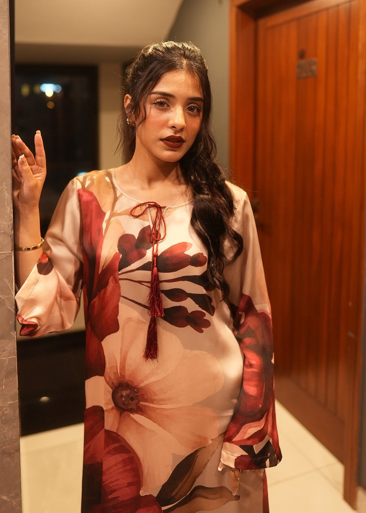 Satin Silk Printed Kaftan Partywear Online in KSA Riyadh Saudi Arabia Oman Bahrain Qatar