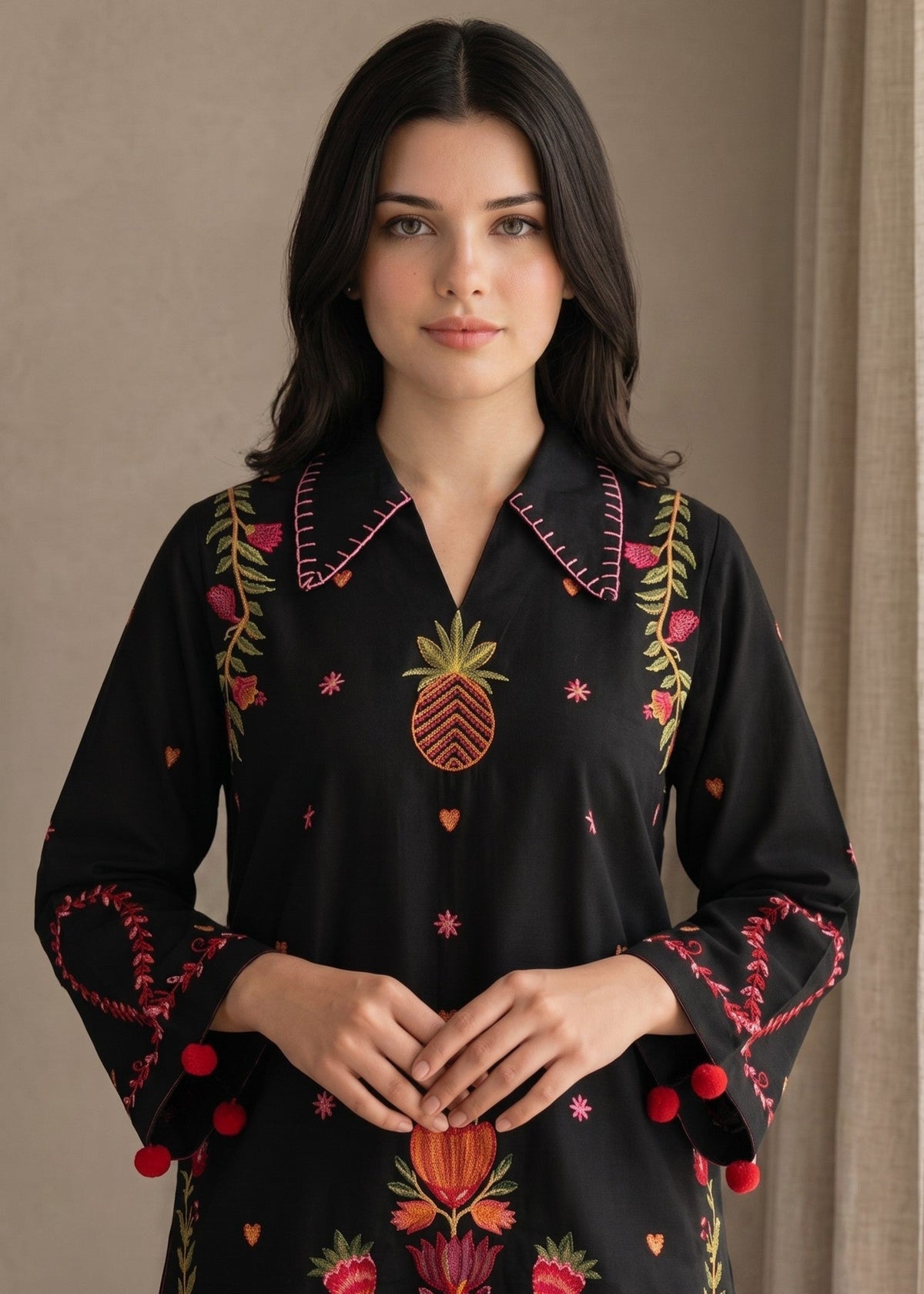Black Embroidered Lawn Cotton Daily Wear Kurta Set Online in Sri Lanka India Australia