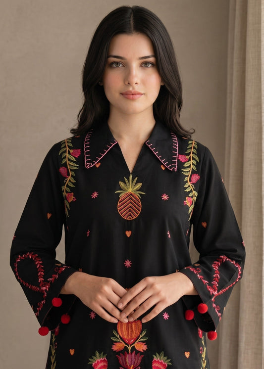 Black Embroidered Lawn Cotton Daily Wear Kurta Set Online in Sri Lanka India Australia