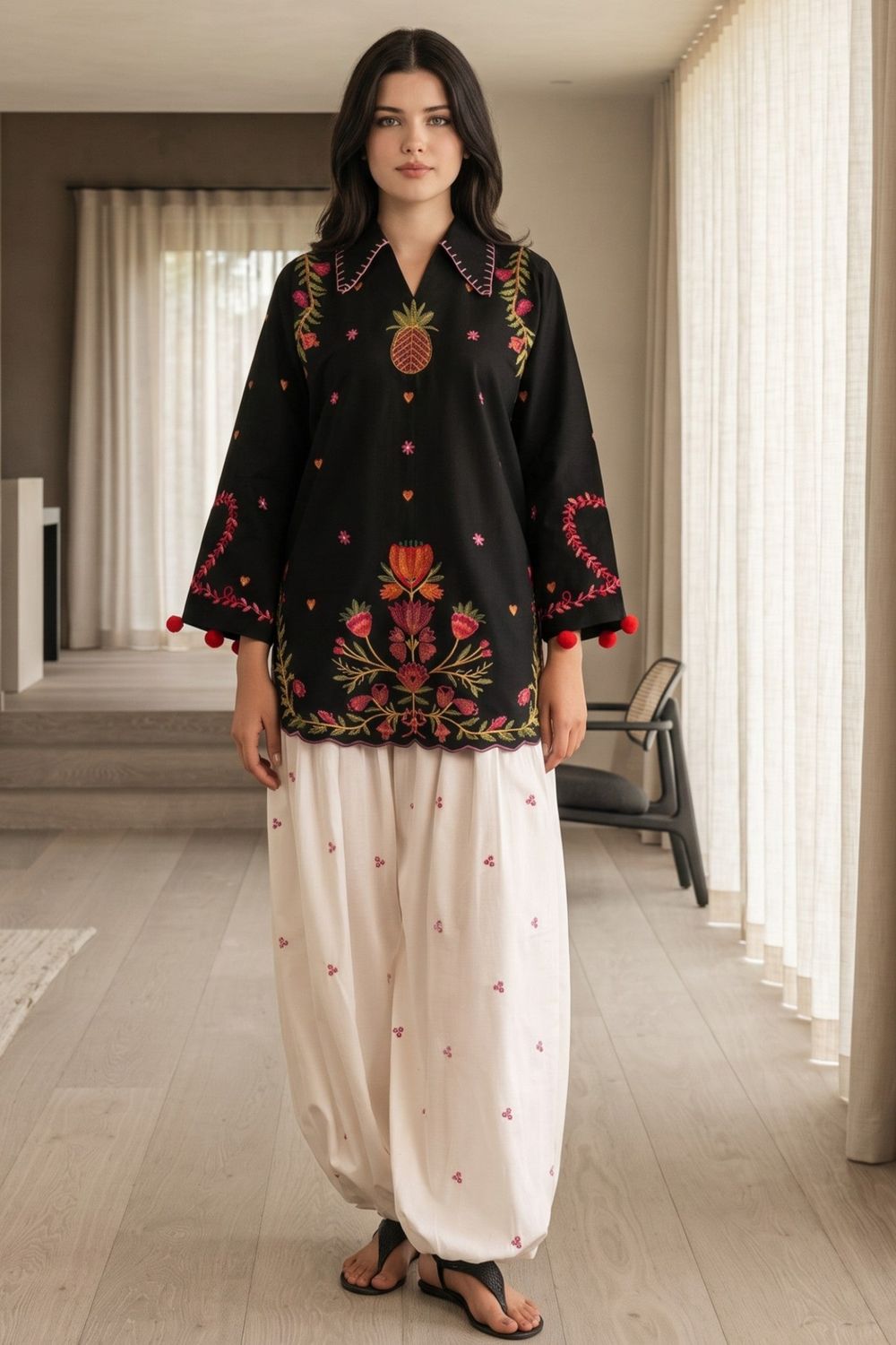 Black Embroidered Lawn Cotton Kurta Set Online in Dubai UAE Abudhabi Ajman Sharjah