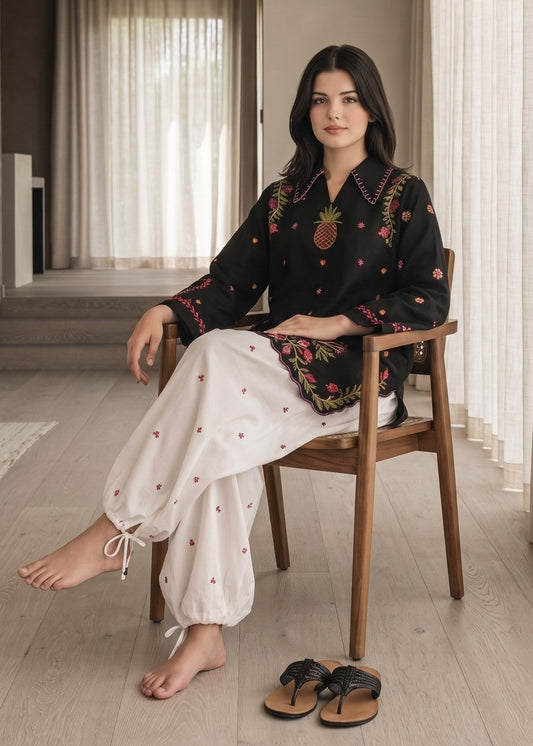 Pakistani Designer Black Lawn Cotton Shalwar Kameez Online in KSA Riyadh Saudi Arabia Oman Bahrain Qatar