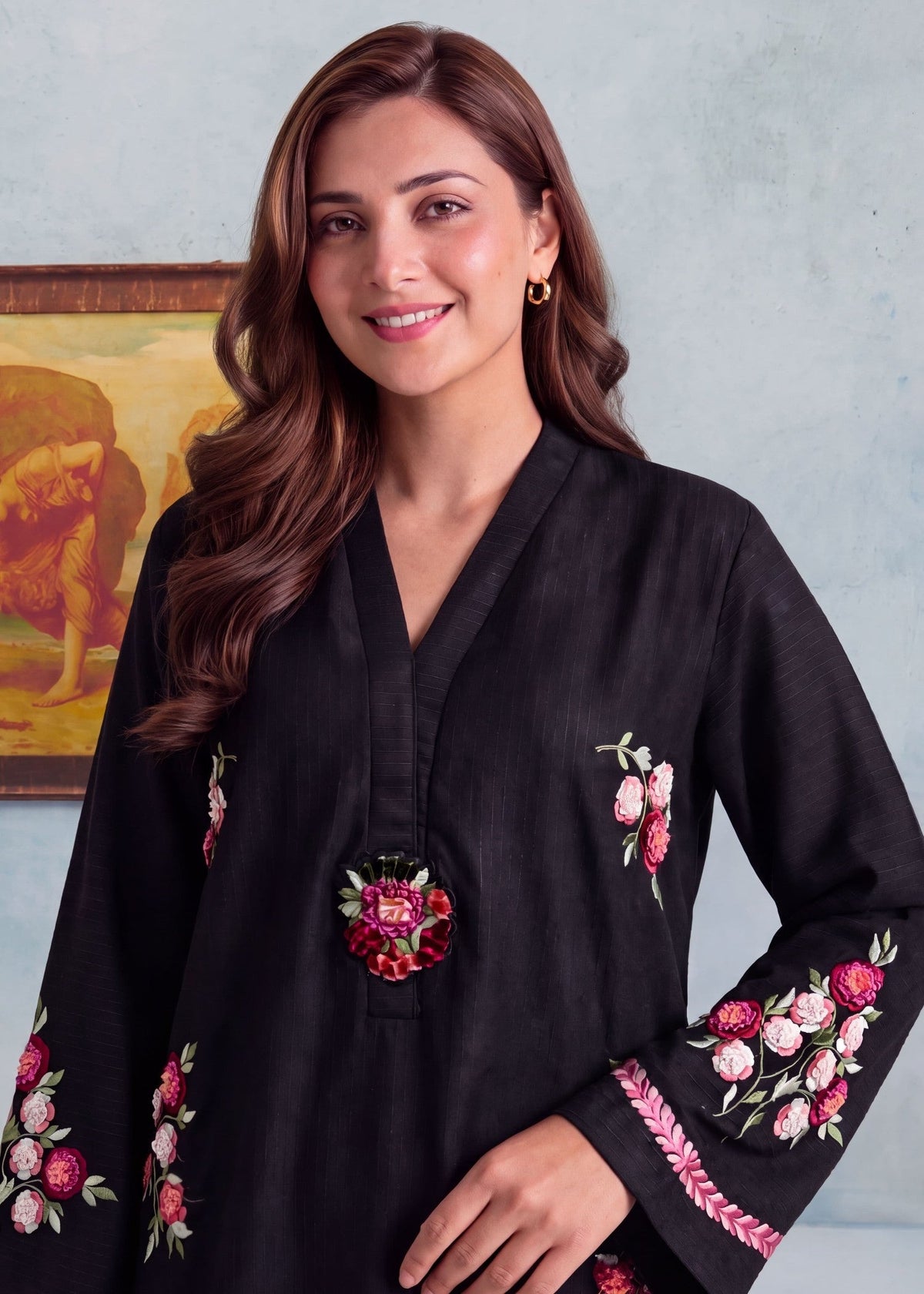 Black Dhanak Embroidered Kurta Set Online in Sri Lanka India Australia