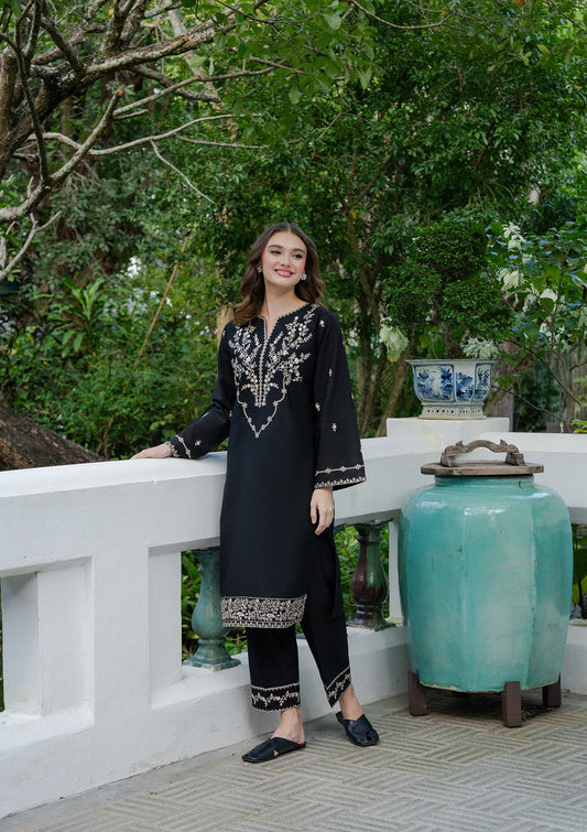 Black Embroidered Khaddar Kurta Set Online in Dubai DXB UAE Abudhabi Meena Bazaar