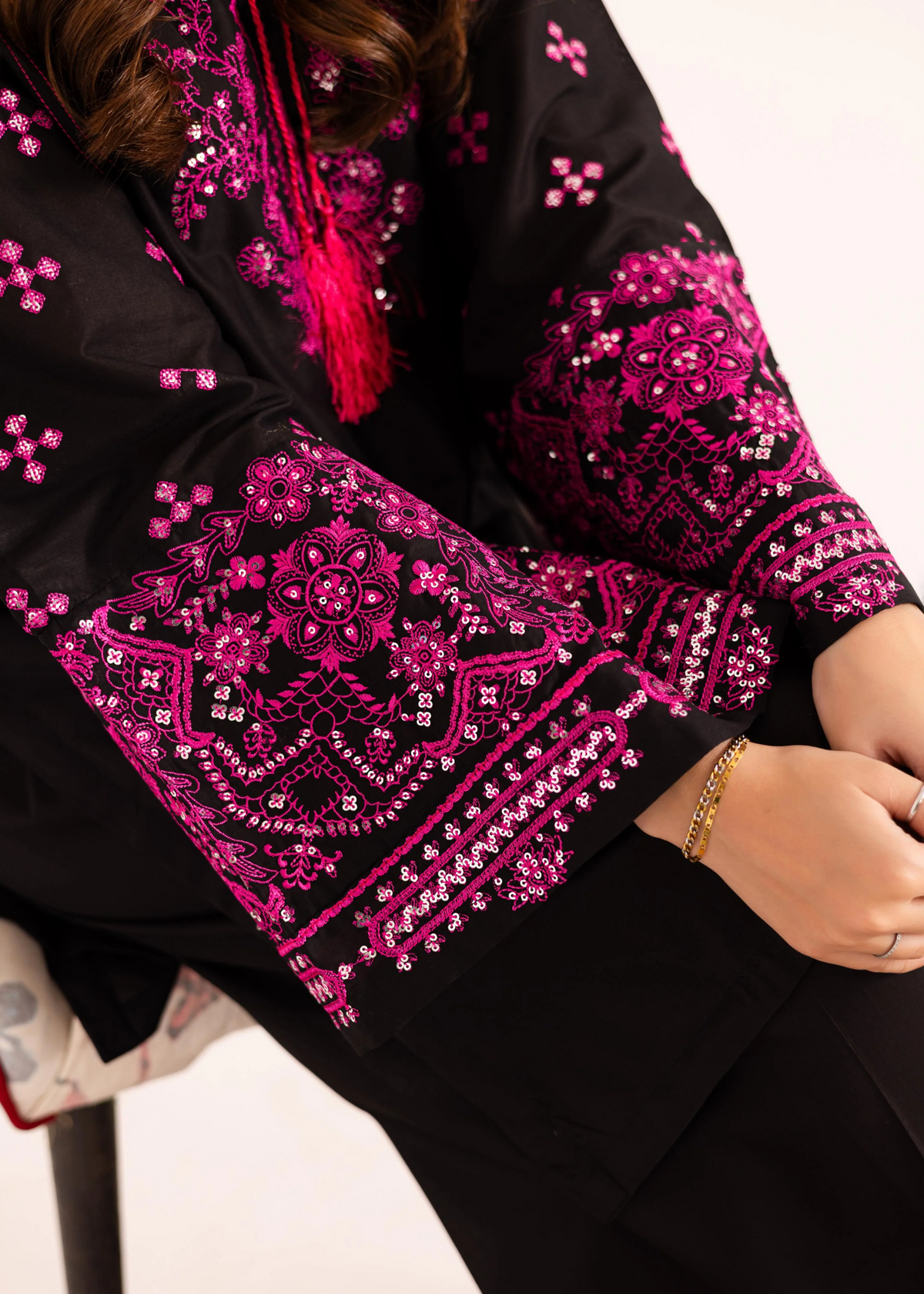 Black Embroidered Lawn Kurta and Farshi Shalwar Online in Dubai DXB UAE Abudhabi Meena Bazaar