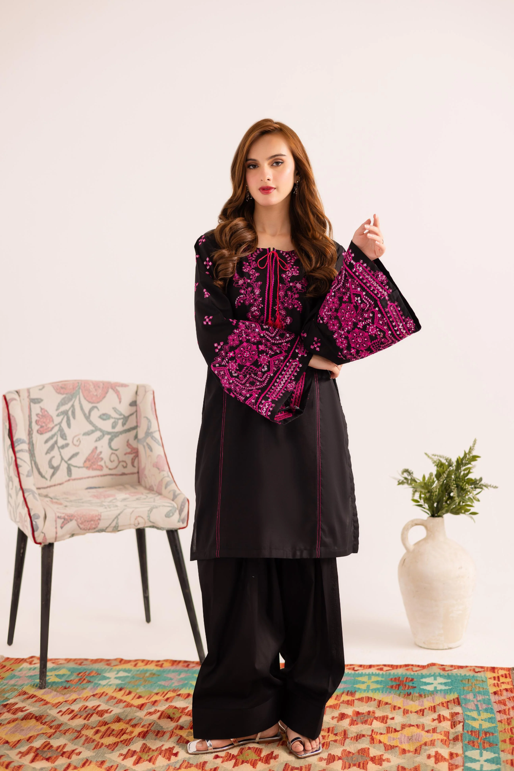 Black Embroidered Lawn Farshi Shalwar Kurta Set Online in Dubai UAE Abudhabi Ajman Sharjah