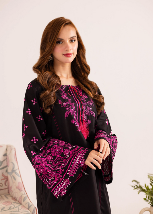 Pakistani Designer Black Lawn Kurta with Farshi Shalwar Online in KSA Riyadh Saudi Arabia Oman Bahrain Qatar