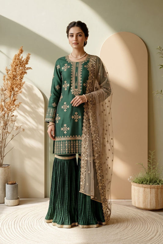 Green Embroidered Organza Gharara Online in Dubai UAE Abudhabi Ajman Sharjah