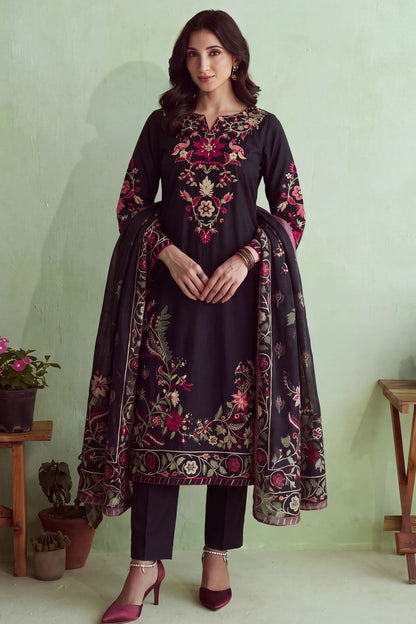 Black Embroidered Lawn Long Kurta Salwar Kameez Online in Dubai UAE Abudhabi Ajman Sharjah