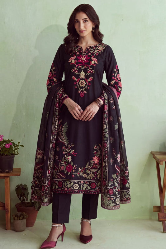 Black Embroidered Lawn Long Kurta Salwar Kameez Online in Dubai UAE Abudhabi Ajman Sharjah