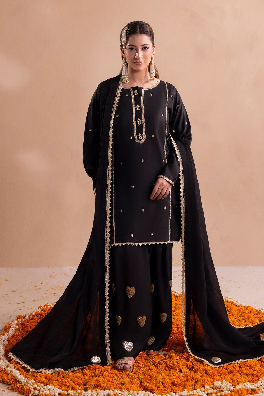 Black Embroidered Raw Silk Farshi Shalwar Online in Dubai UAE Abudhabi Ajman Sharjah