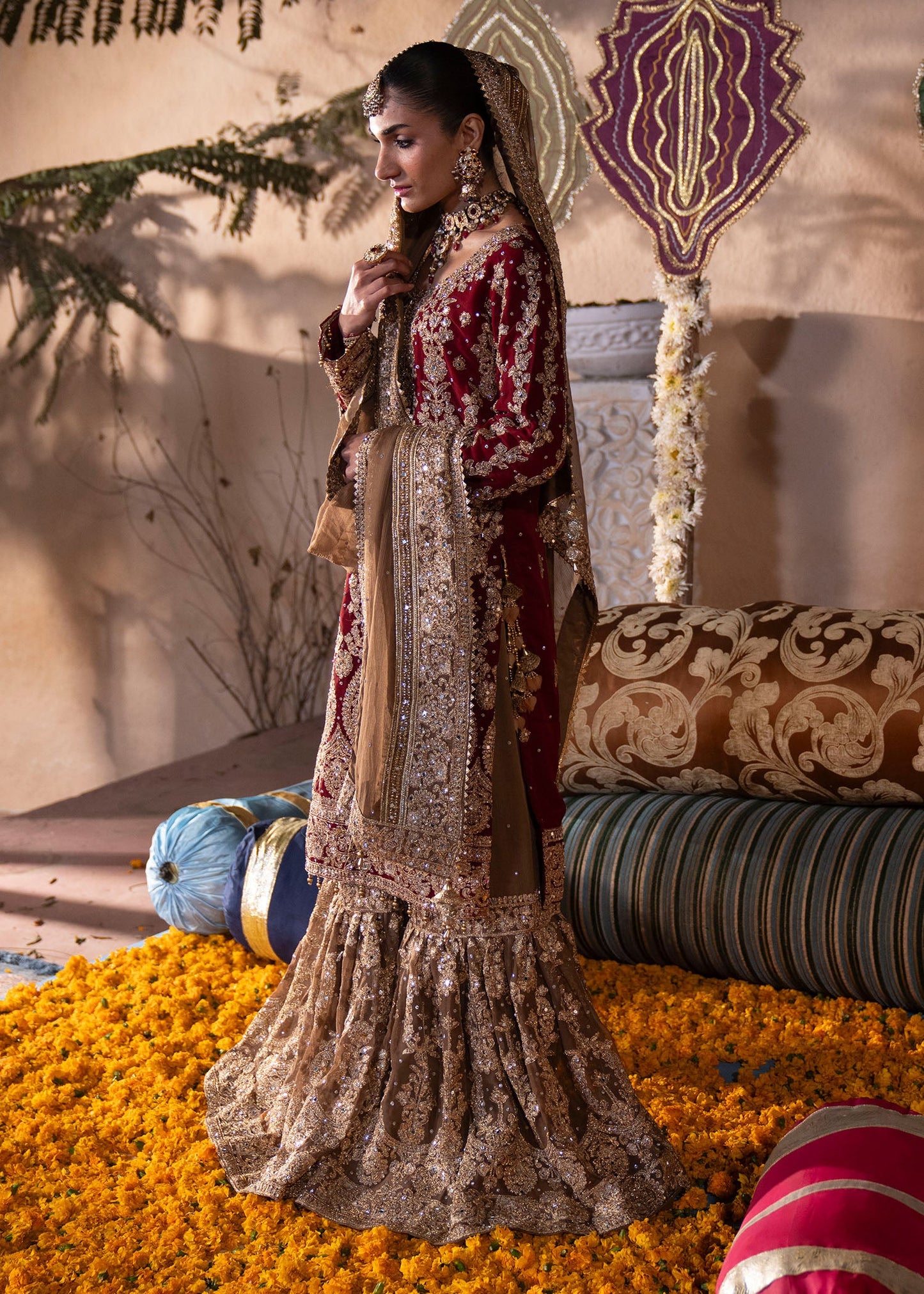Pakistani Red Chiffon Gharara Suit Online in KSA Riyadh Saudi Arabia Oman Bahrain Qatar
