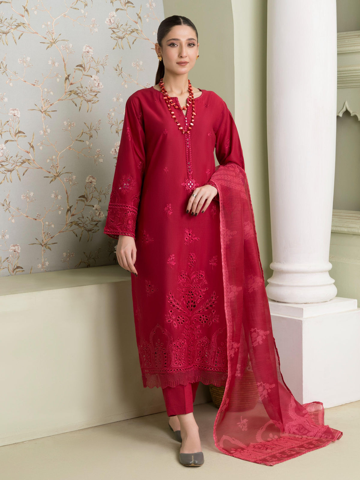 Pakistani Red Cotton Chikankari Kurta Set Online in Dubai DXB UAE Abudhabi Meena Bazaar