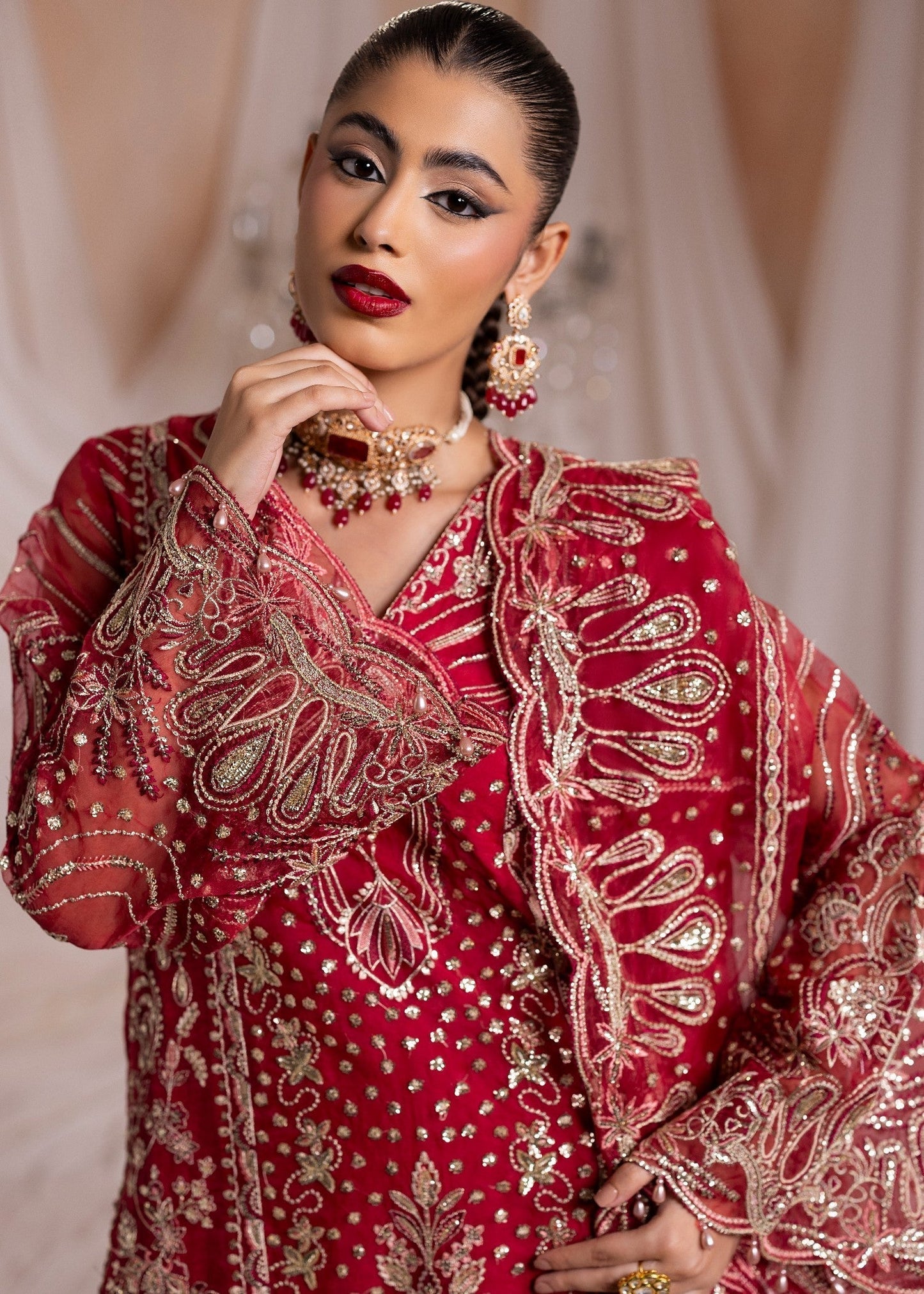 Pakistani Red Organza Embroidered Suit Online in KSA Riyadh Saudi Arabia Oman Bahrain Qatar
