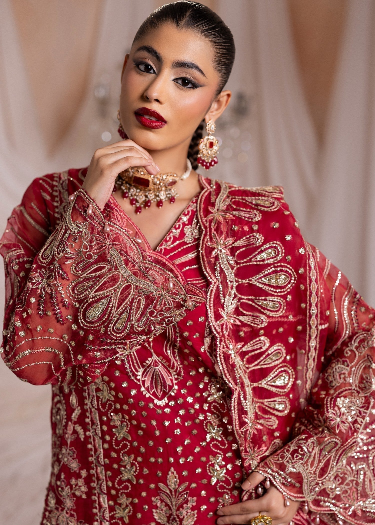 Pakistani Red Organza Embroidered Suit Online in KSA Riyadh Saudi Arabia Oman Bahrain Qatar