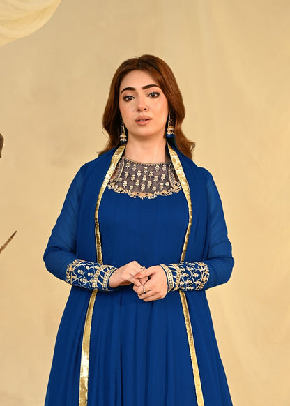 Pakistani Royal Blue Chiffon Partywear Salwar Kameez Online in KSA Riyadh Saudi Arabia Oman Bahrain Qatar