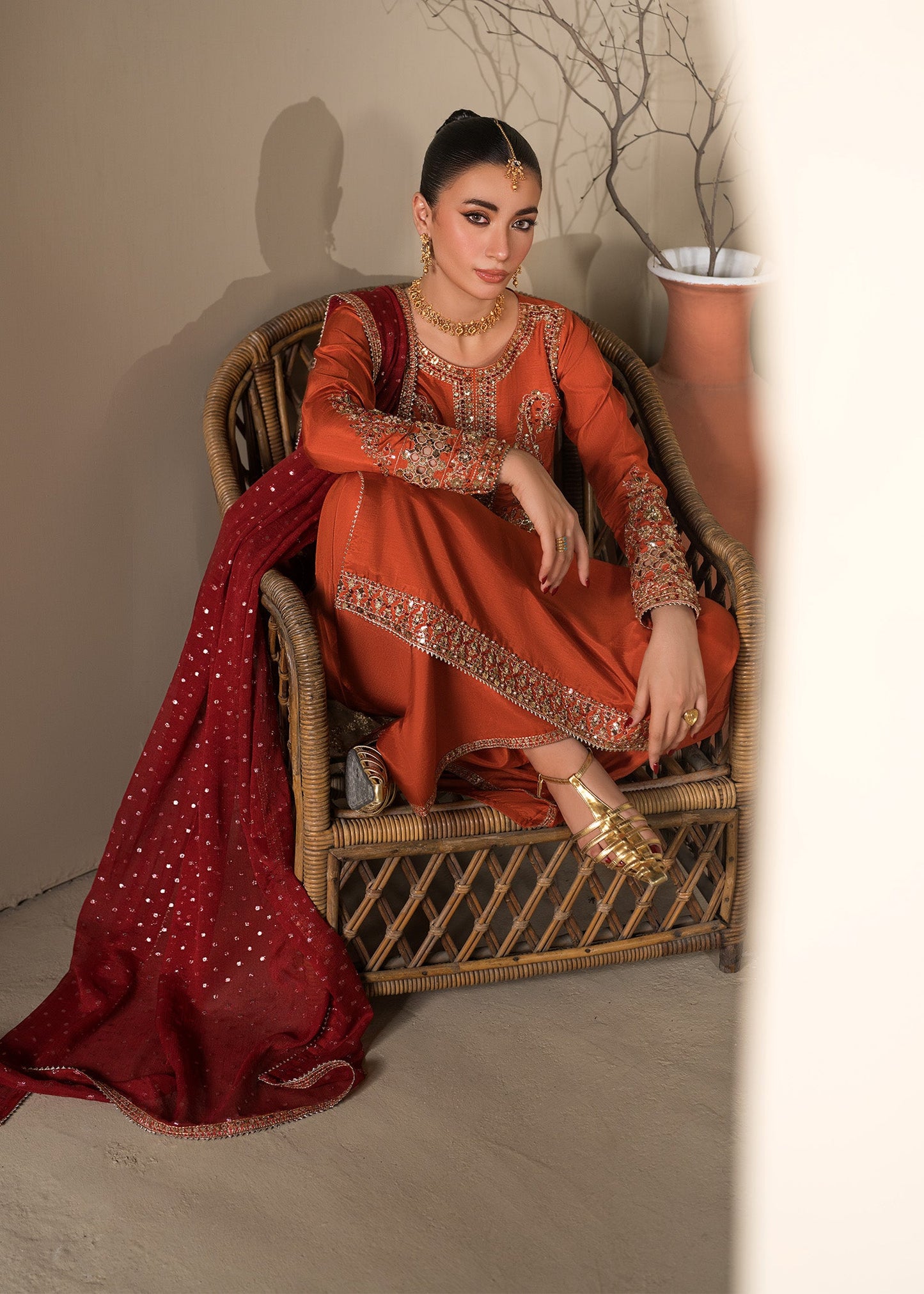 Pakistani Rust Orange Embroidered Silk Partywear Online in KSA Riyadh Saudi Arabia Oman Bahrain Qatar