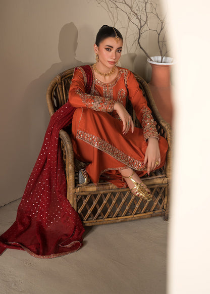 Pakistani Rust Orange Embroidered Silk Partywear Online in KSA Riyadh Saudi Arabia Oman Bahrain Qatar