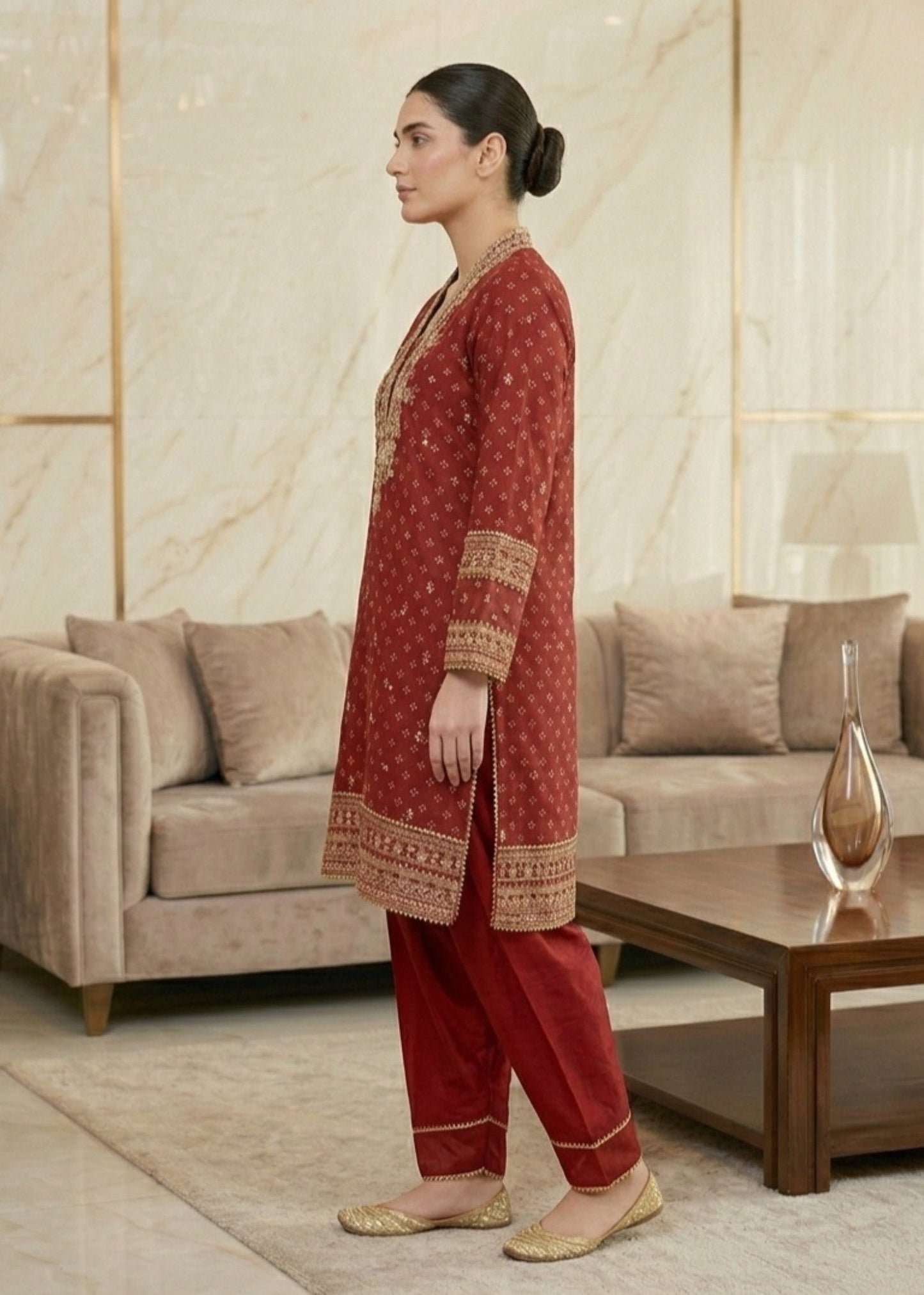 Pakistani Rust Red Chiffon Farshi Suit Online in KSA Riyadh Saudi Arabia Oman Bahrain Qatar