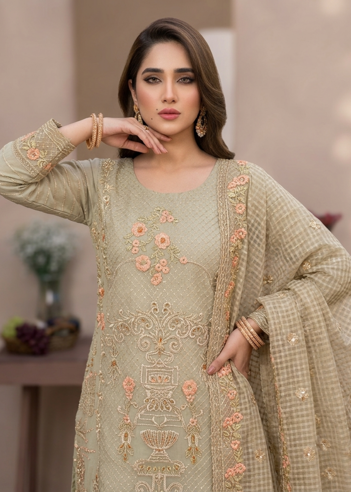 Pakistani Sage Green Organza Embroidered Suit Online in KSA Riyadh Saudi Arabia Oman Bahrain Qatar