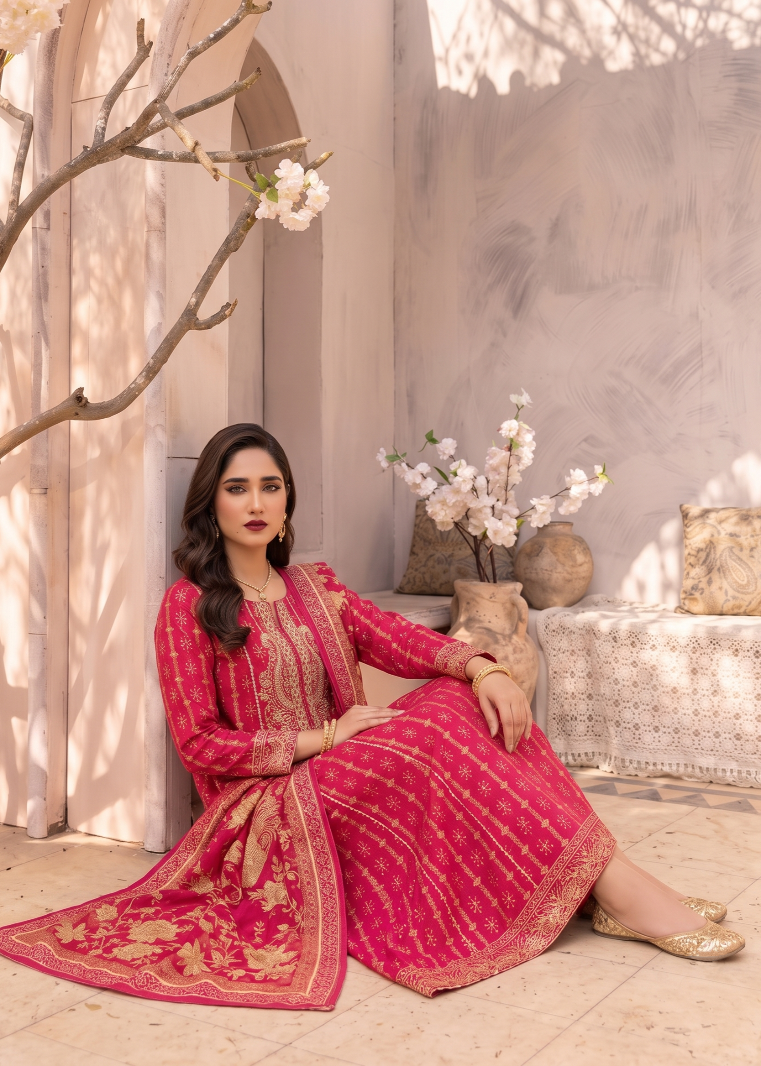 Pakistani Shocking Pink Raw Silk Pishwas Dress Online in KSA Riyadh Saudi Arabia Oman Bahrain Qatar