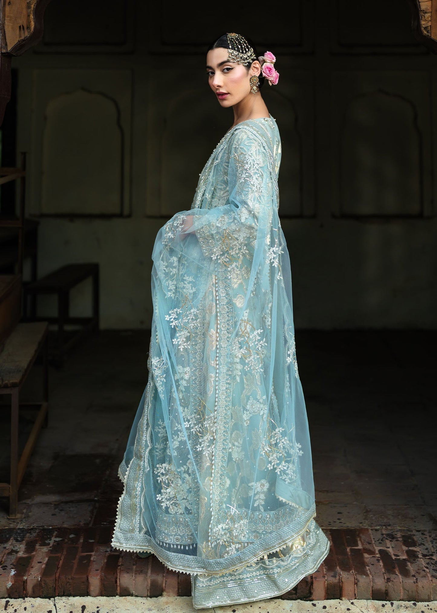 Pakistani Sky Blue Net Jamawar Lehenga Online in KSA Riyadh Saudi Arabia Oman Bahrain Qatar