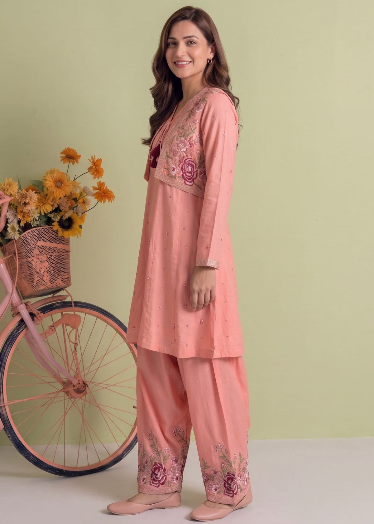 Pakistani Suit Peach Pink Embroidered Dhanak Online in KSA Riyadh Saudi Arabia Oman Bahrain Qatar
