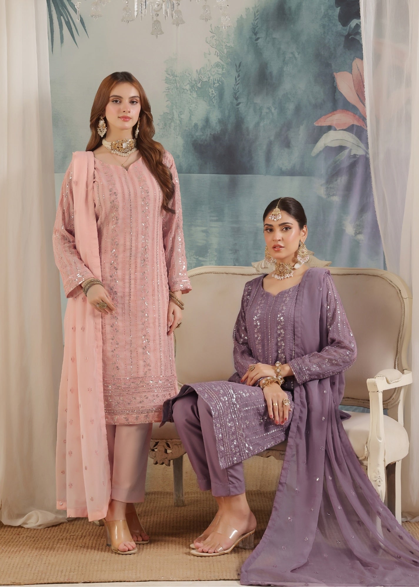 Pakistani Tea Pink Embroidered Chiffon Ladies Suit Online in KSA Riyadh Saudi Arabia Oman Bahrain Qatar