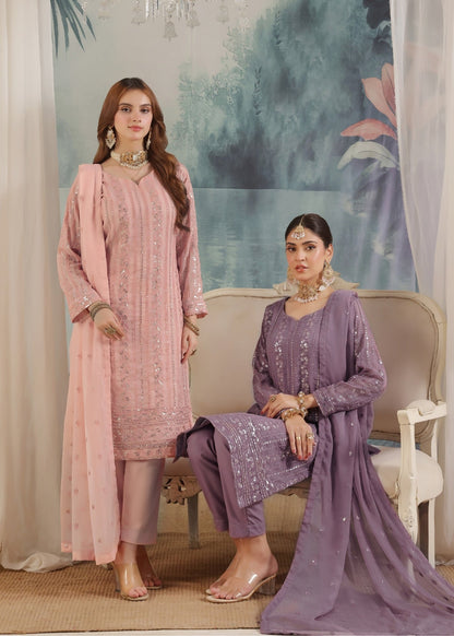 Pakistani Tea Pink Embroidered Chiffon Ladies Suit Online in KSA Riyadh Saudi Arabia Oman Bahrain Qatar