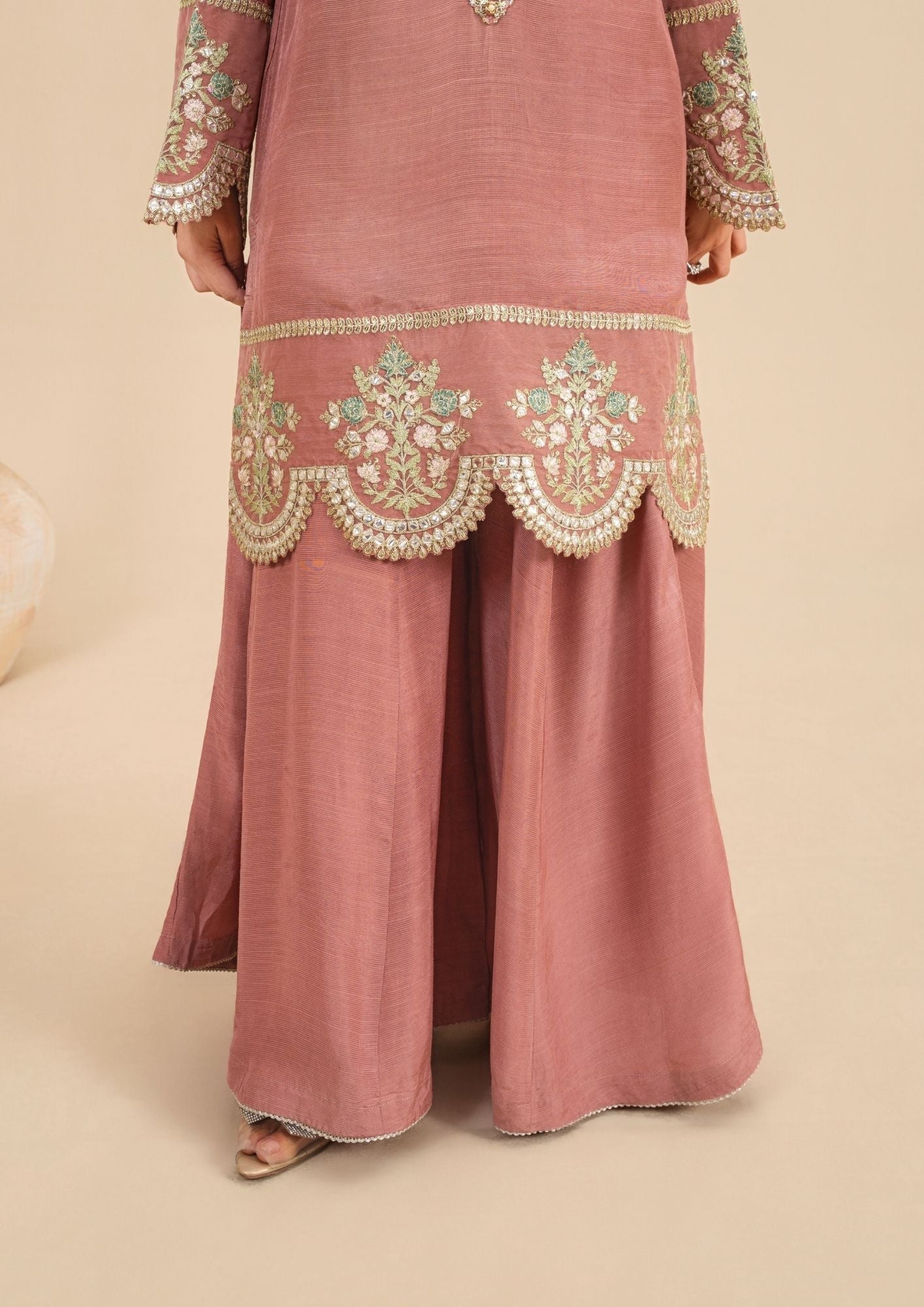 Pakistani Tea Pink Embroidered Sharara Suit Online in KSA Riyadh Saudi Arabia Oman Bahrain Qatar