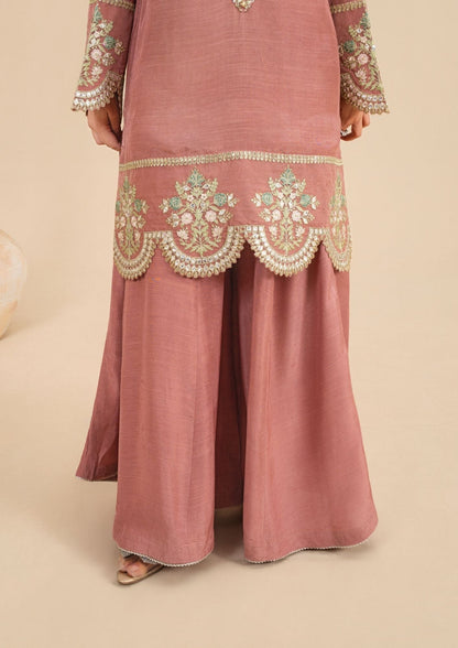 Pakistani Tea Pink Embroidered Sharara Suit Online in KSA Riyadh Saudi Arabia Oman Bahrain Qatar