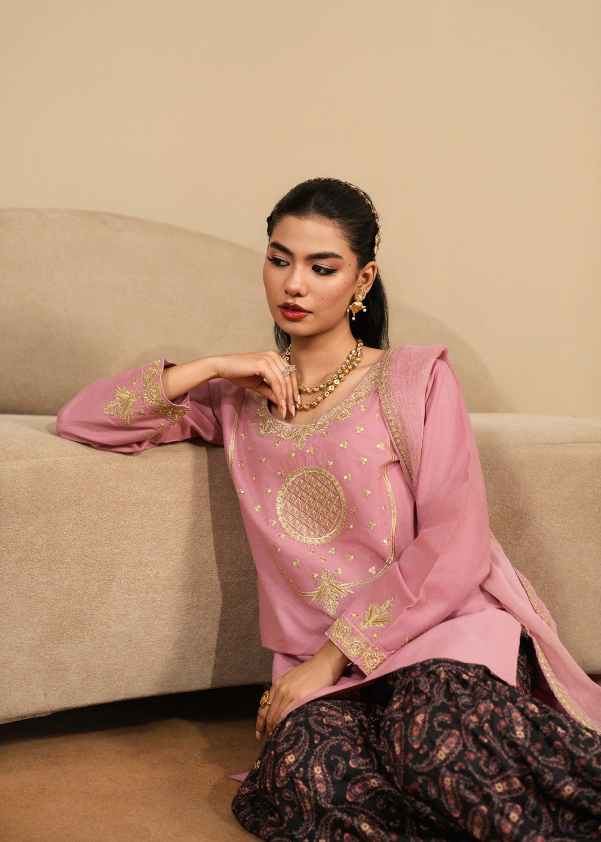 Pakistani Tea Rose Pink Embroidered Gharara Online in KSA Riyadh Saudi Arabia Oman Bahrain Qatar
