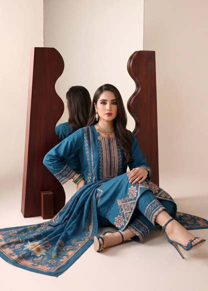 Pakistani Teal Blue Embroidered Lawn Suit Online in KSA Riyadh Saudi Arabia Oman Bahrain Qatar