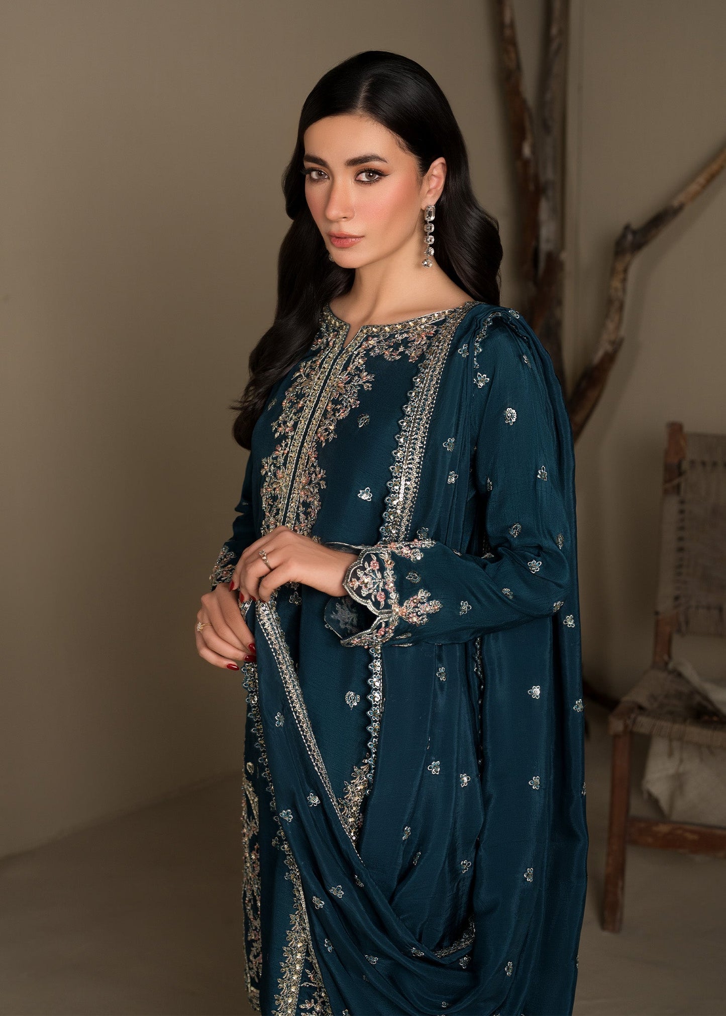 Pakistani Teal Embellished Silk Partywear Suit Online in KSA Riyadh Saudi Arabia Oman Bahrain Qatar