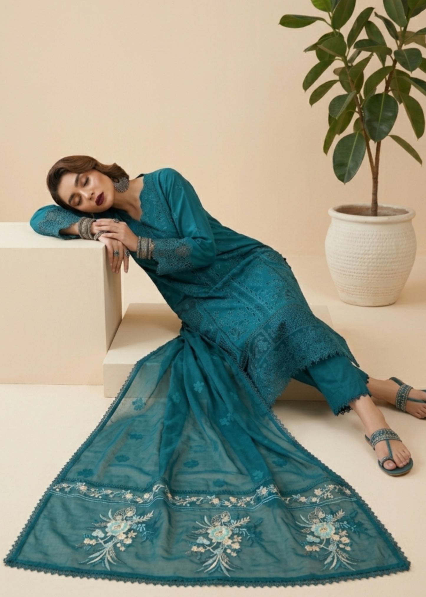 Pakistani Teal Embroidered Lawn Suit Online in KSA Riyadh Saudi Arabia Oman Bahrain Qatar
