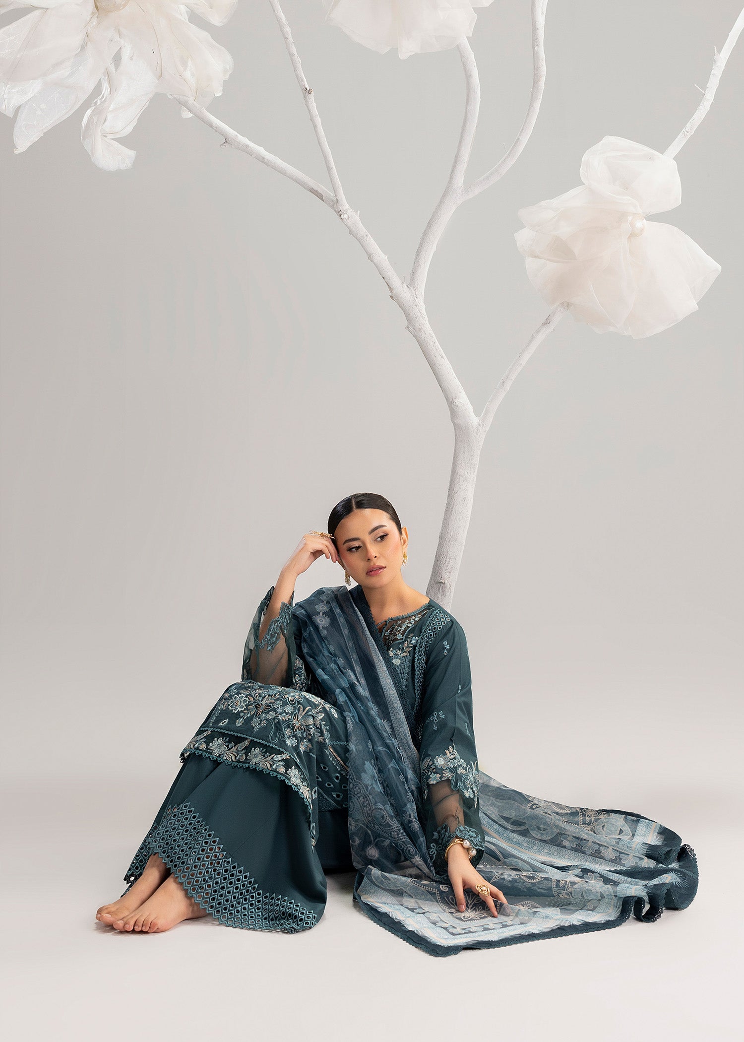 Pakistani Teal Embroidered Lawn Three Piece Suit Online in KSA Riyadh Saudi Arabia Oman Bahrain Qatar