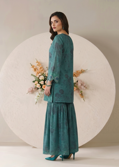 Pakistani Teal Flared Gharara Lawn Suit Online in KSA Riyadh Saudi Arabia Oman Bahrain Qatar