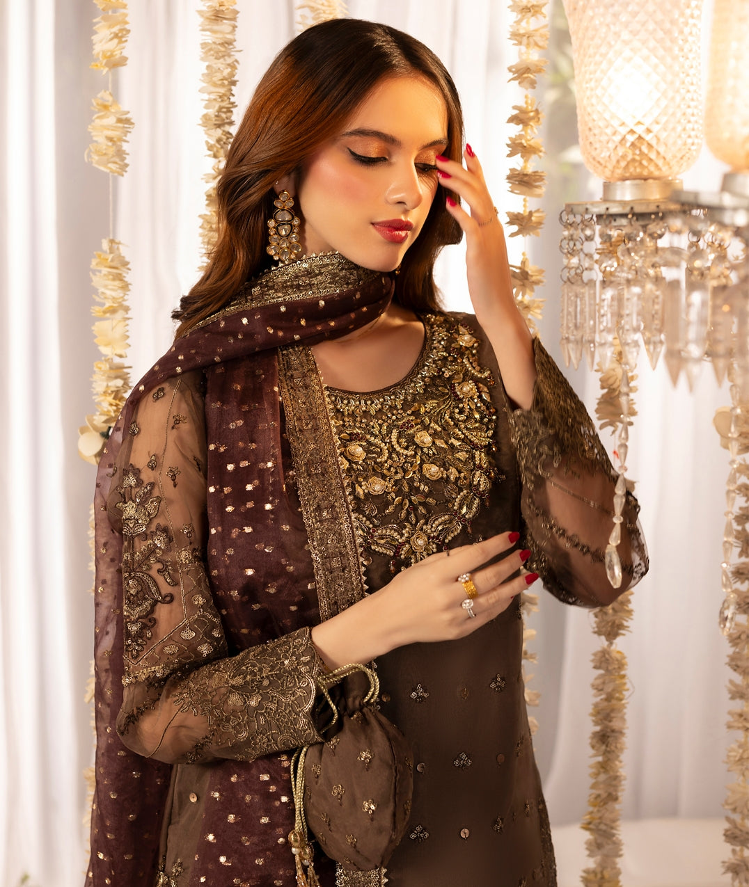Pakistani Wedding Dress Fawn Organza Sharara Online in KSA Riyadh Saudi Arabia Oman Bahrain Qatar