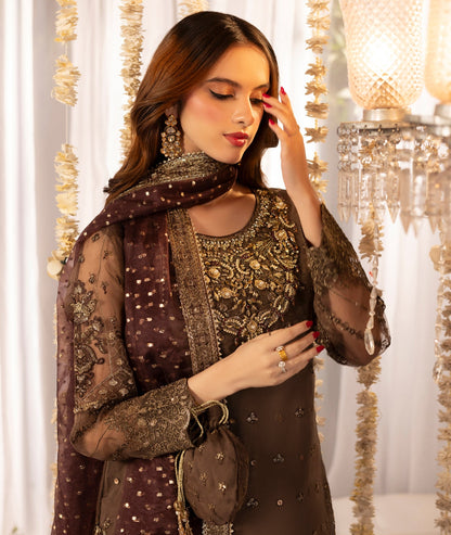 Pakistani Wedding Dress Fawn Organza Sharara Online in KSA Riyadh Saudi Arabia Oman Bahrain Qatar