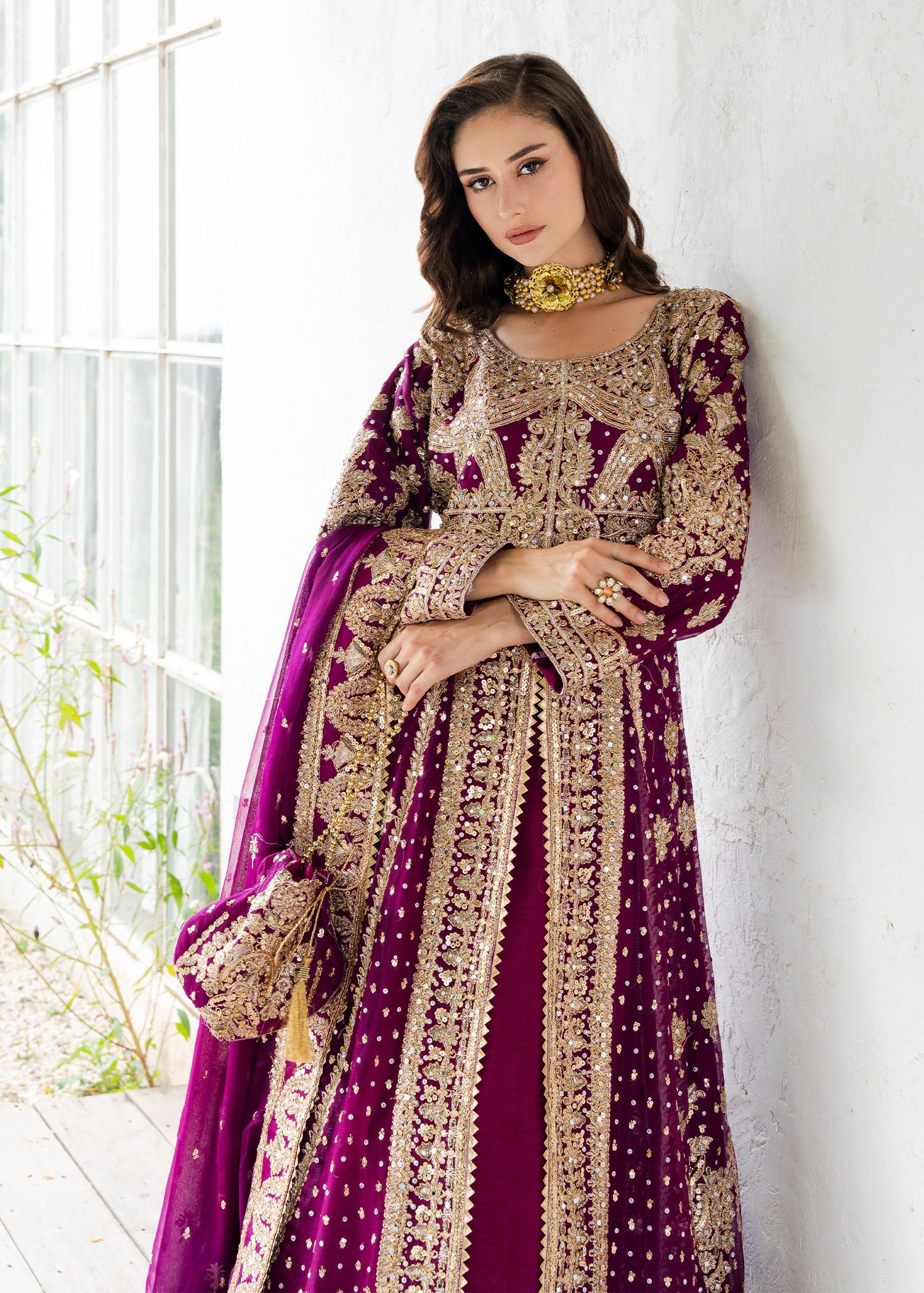 Pakistani Wedding Dress Plum Chiffon Embroidered Online in KSA Riyadh Saudi Arabia Oman Bahrain Qatar