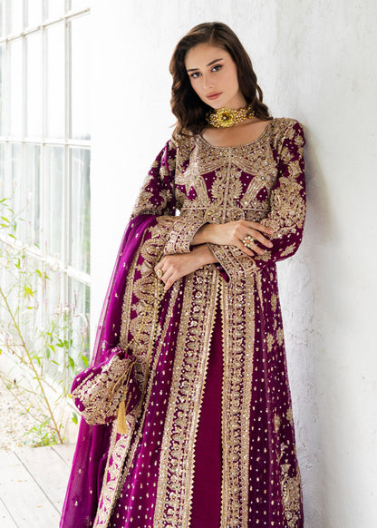 Pakistani Wedding Dress Plum Chiffon Embroidered Online in KSA Riyadh Saudi Arabia Oman Bahrain Qatar