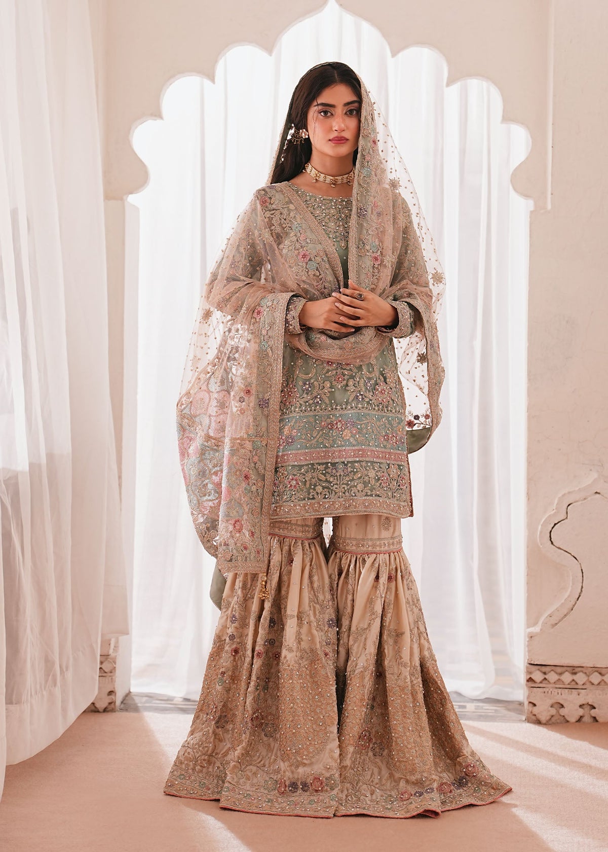 Pakistani Wedding Gharara Sage Green Net Embroidered Online in KSA Riyadh Saudi Arabia Oman Bahrain Qatar