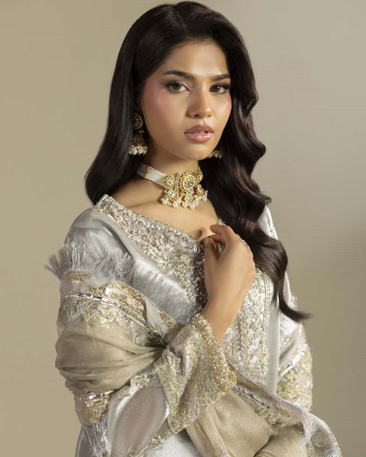 Pakistani Wedding Gharara Silver Embellished Online in Dubai DXB UAE Abudhabi Meena Bazaar