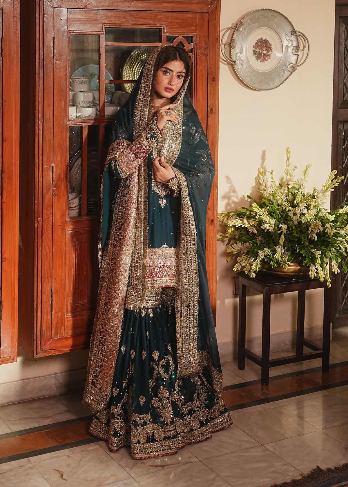 Pakistani Wedding Gharara Teal Chiffon Online in KSA Riyadh Saudi Arabia Oman Bahrain Qatar