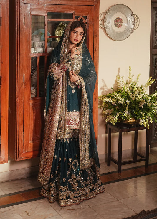 Pakistani Wedding Gharara Teal Chiffon Online in KSA Riyadh Saudi Arabia Oman Bahrain Qatar